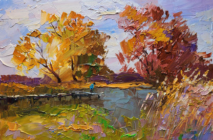 Oil painting On the autumn river by Boris Serdyuk, vibrant impressionist trees