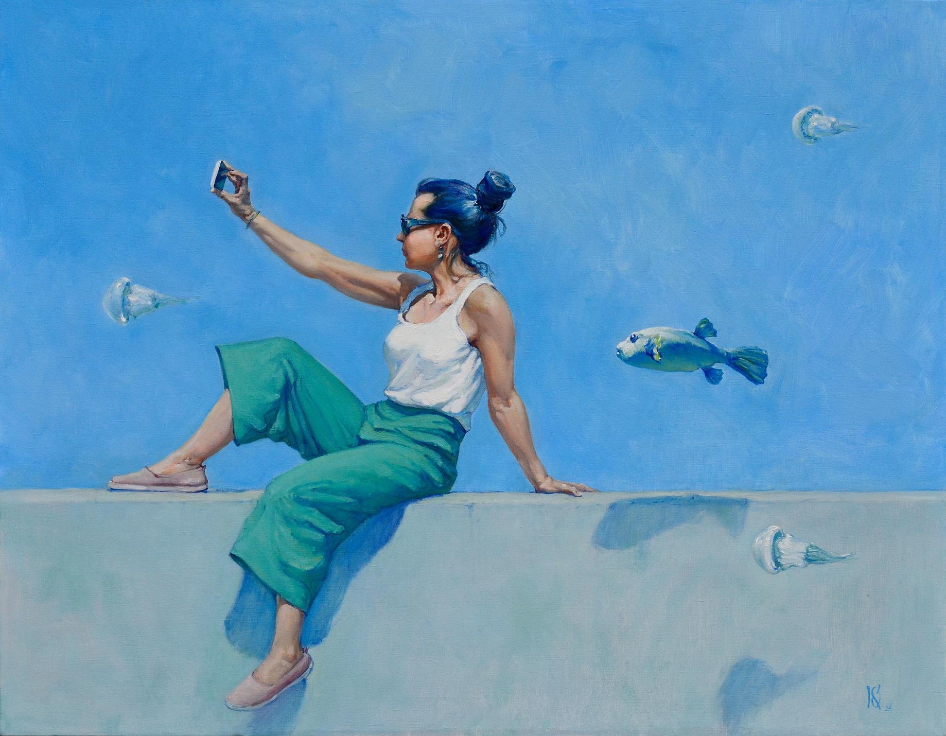 Oil painting by Oleg Kateryniuk: blue-haired woman in selfie pose