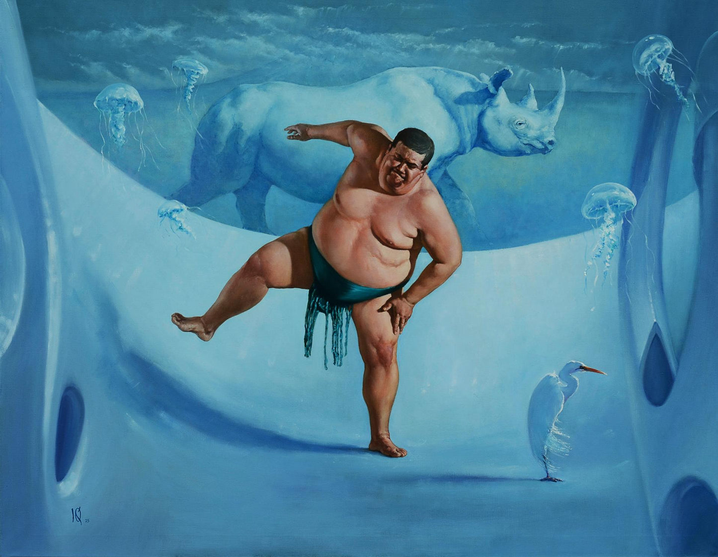 Oil painting of sumo wrestler, jellyfish and white rhinoceros by Oleg Kateryniuk
