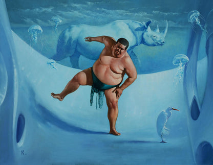 Oil painting of sumo wrestler, jellyfish and white rhinoceros by Oleg Kateryniuk