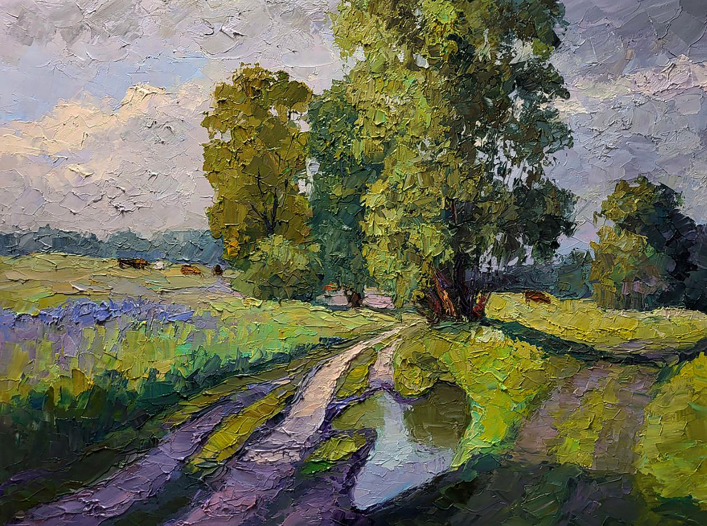 Textured impressionist oil painting by Serdyuk Boris Petrovich: lush rural landscape