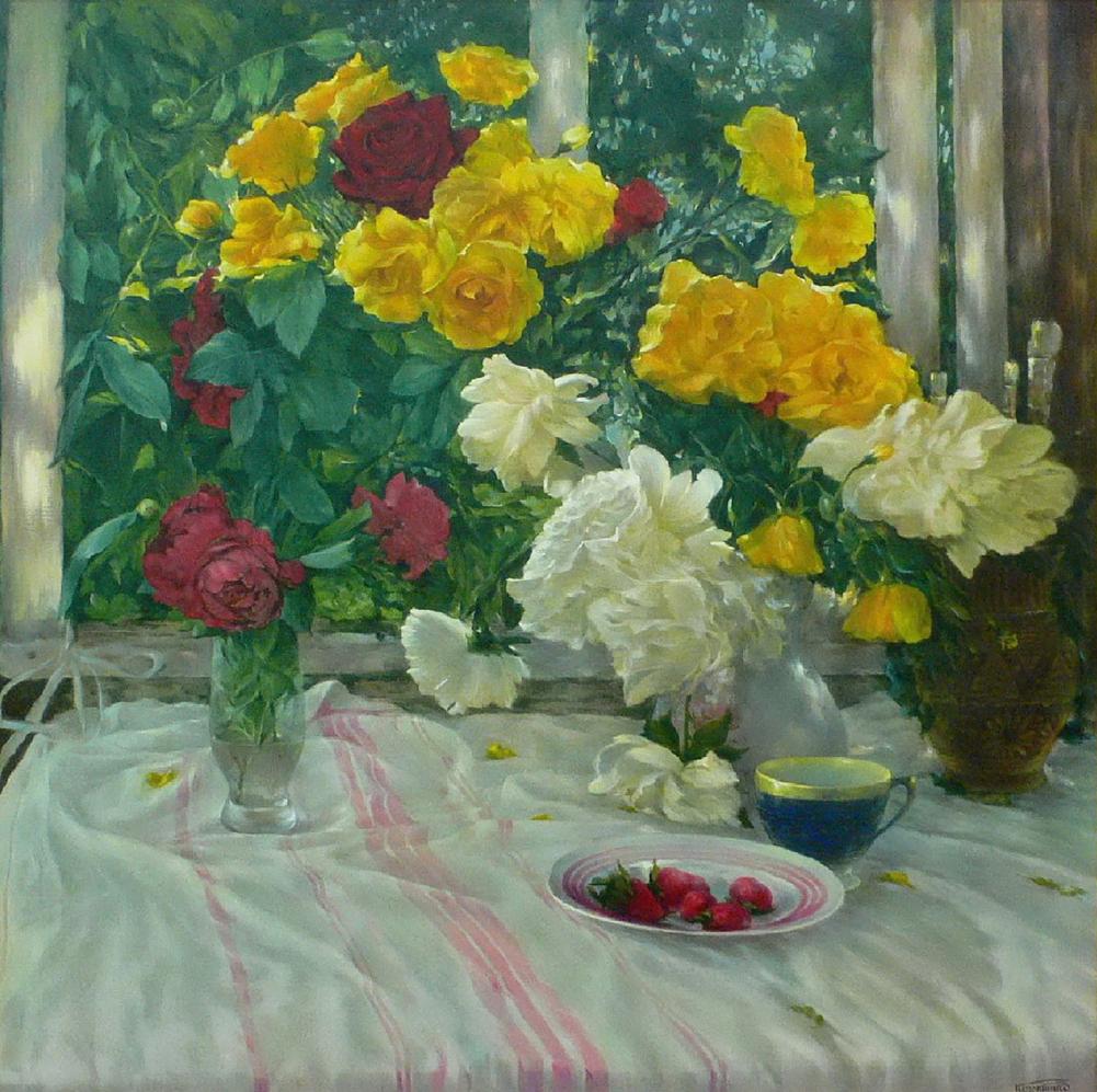Oil painting by Vasily Korkishko: vibrant yellow, red, white roses in vase