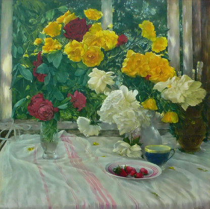 Oil painting by Vasily Korkishko: vibrant yellow, red, white roses in vase
