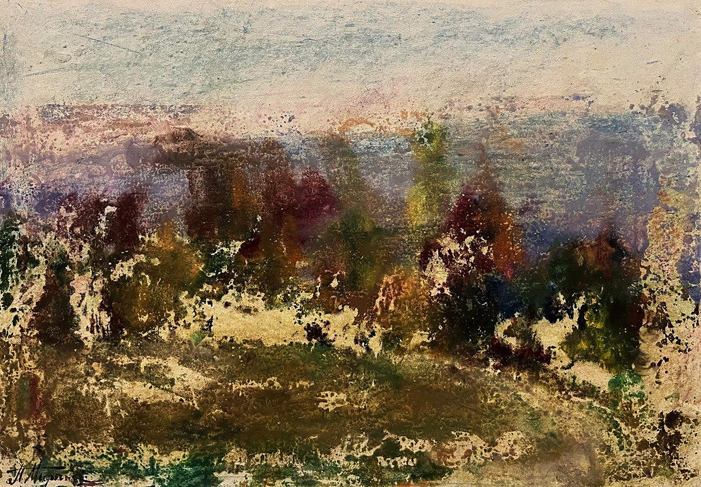 Oil painting Thoughts about nature by Pavlo Miroshnychenko, abstract textured landscape in earthy tones