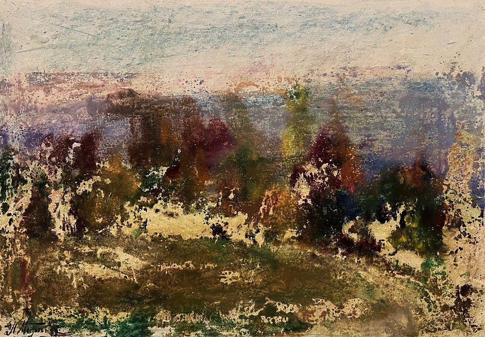 Oil painting Thoughts about nature by Pavlo Miroshnychenko, abstract textured landscape in earthy tones
