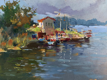 Vibrant impressionist oil painting of Yuriy Suprunchuk port for boats and yachts