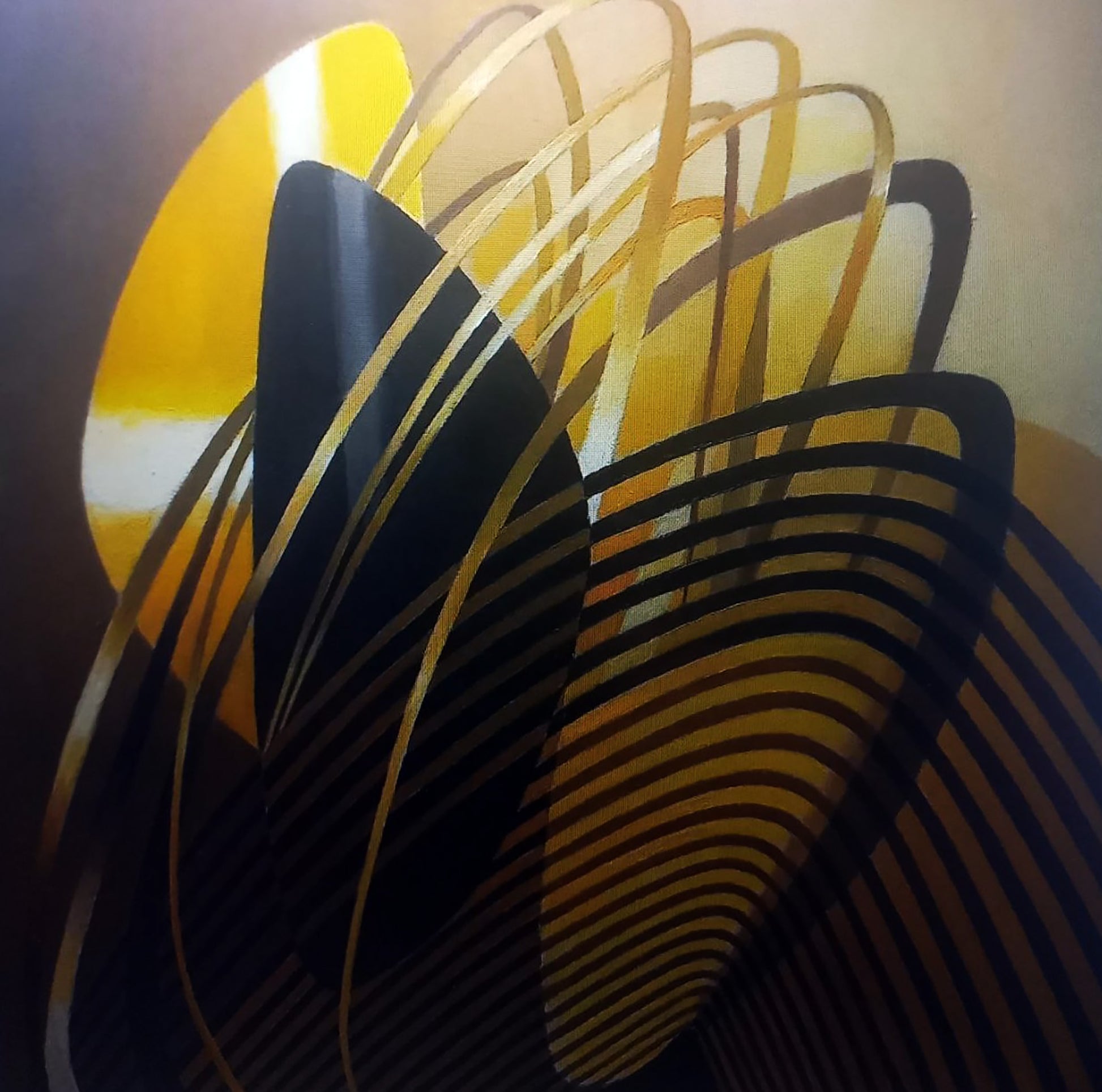 Oil painting String theory by Alexander Strashevich, black gold curves on yellow