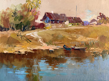 Rustic red-roofed village house in autumn trees by Yuriy Suprunchuk oil painting