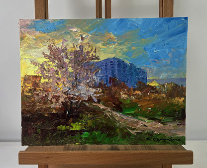 Oil painting Evening envelops the city by Boris Serdyuk, vibrant sunset scene