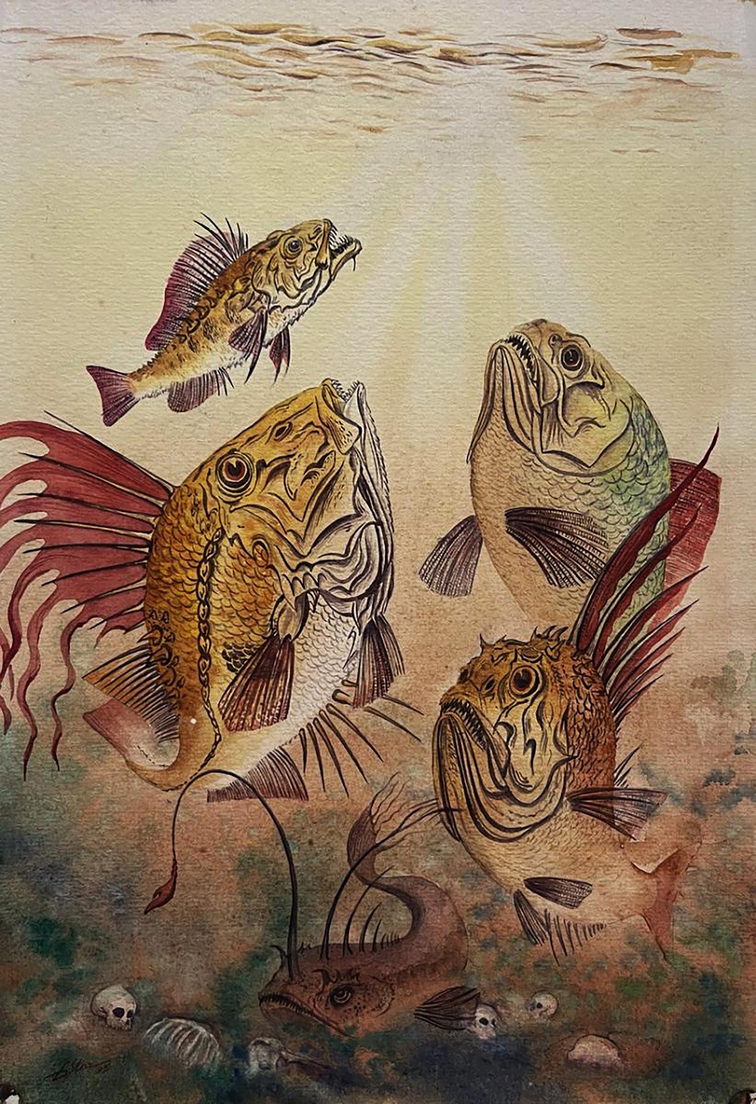 Detailed watercolor of predatory fish by Dmytro Startsev in brown, gold, red
