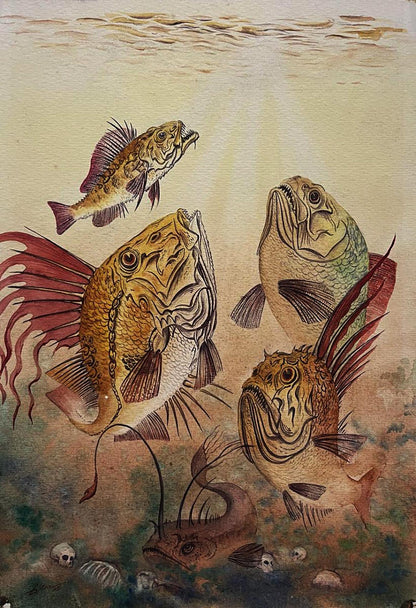 Detailed watercolor of predatory fish by Dmytro Startsev in brown, gold, red