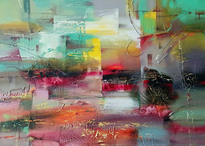 Abstract Evening oil painting by Anatoly Tarabanov in teal, yellow, red, pink