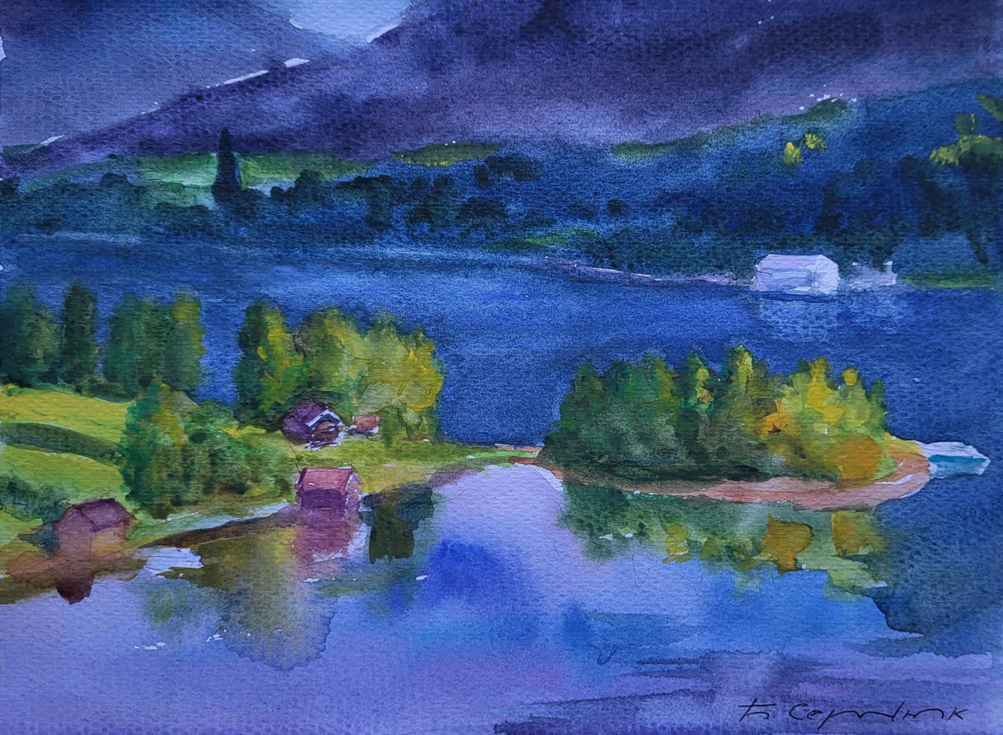 Serene watercolor lake landscape by Boris Serdyuk under twilight sky