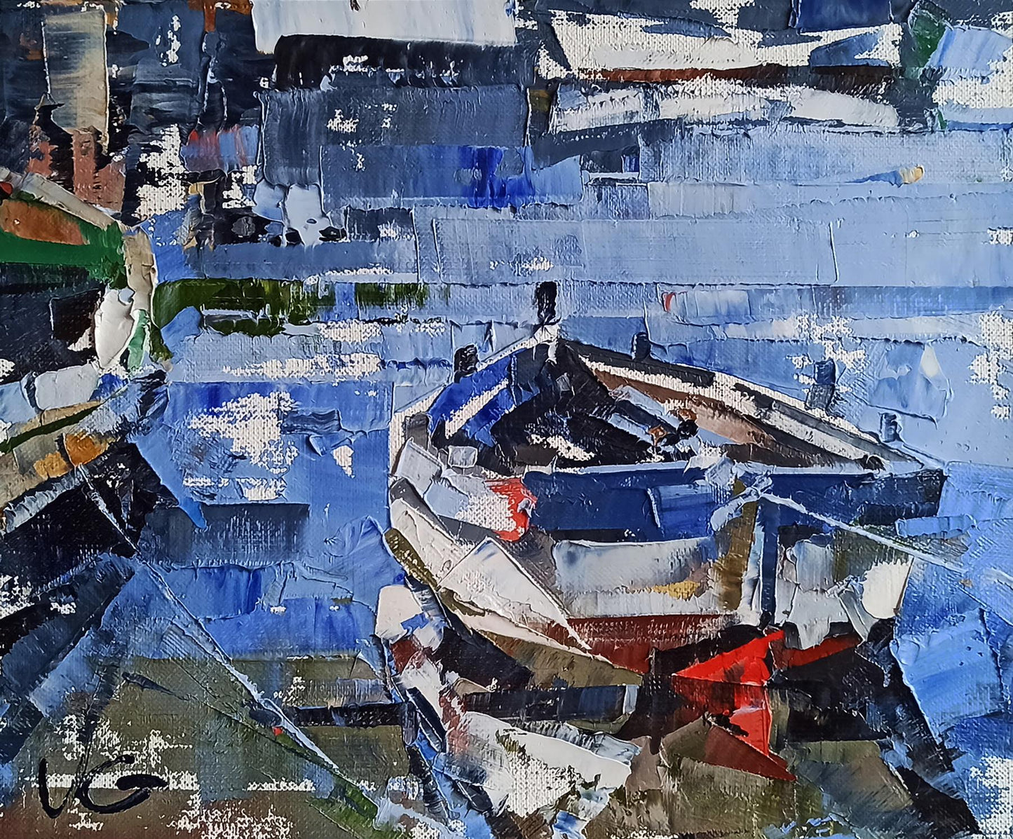 Oil painting Moored boat by Volodymyr Gluhomanyuk, textured blue abstract