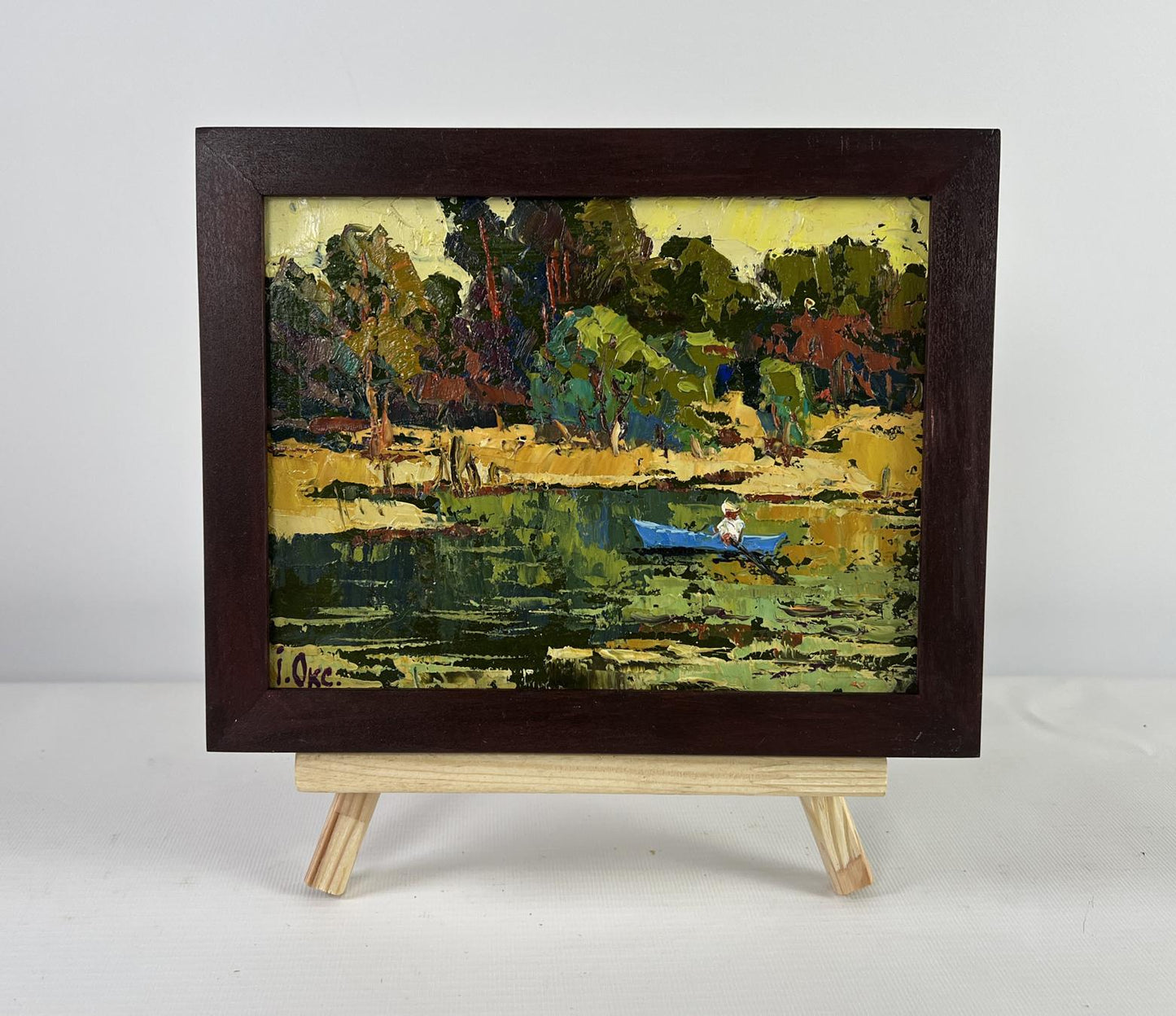 Oil painting Dawn over a quiet river by Oksana Ivanyuk, blue canoe scene