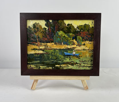 Oil painting Dawn over a quiet river by Oksana Ivanyuk, blue canoe scene