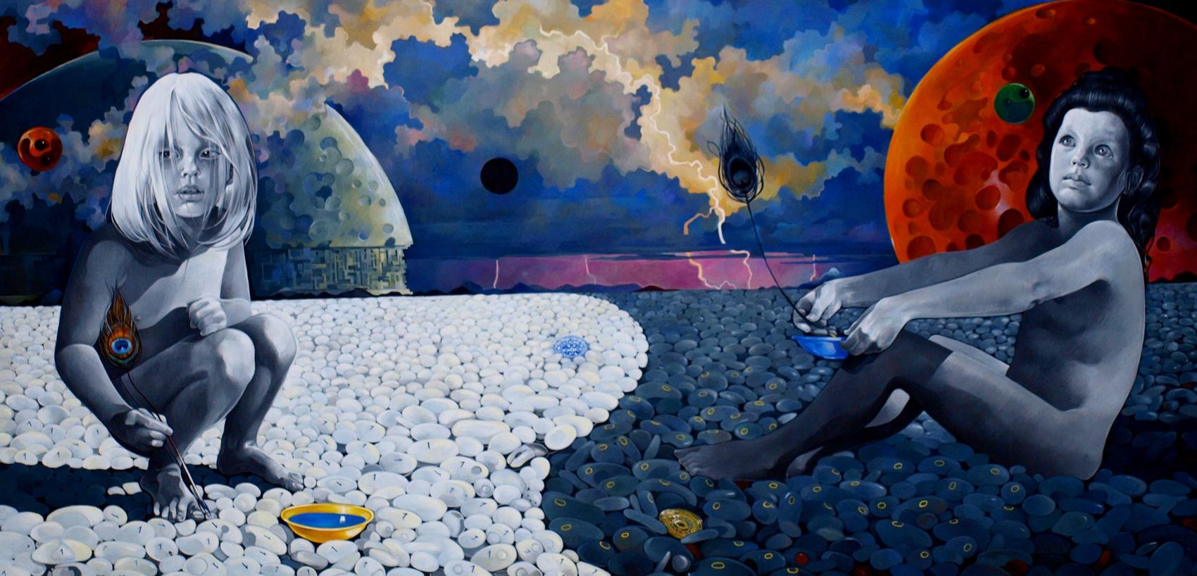Surreal oil painting by Konsta G. Amelinn with nude children, binary code, celestial bodies
