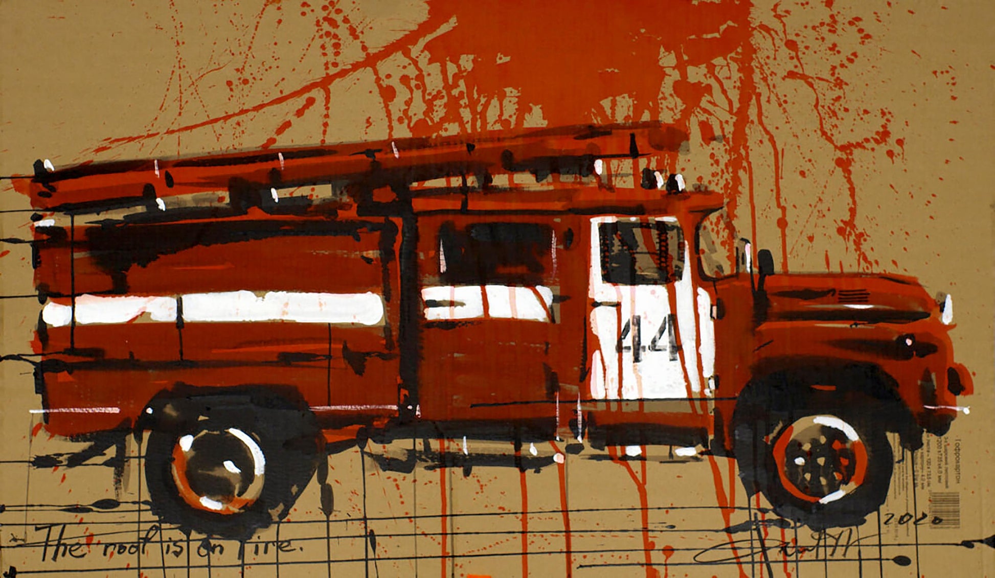 Stylized red fire truck 44 with white stripes in Dima Filatov acrylic painting