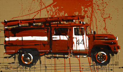 Stylized red fire truck 44 with white stripes in Dima Filatov acrylic painting