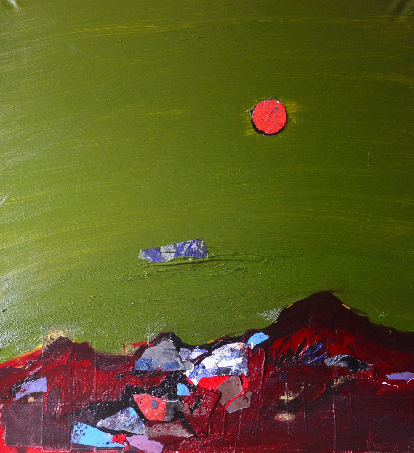 Oil painting Red Evening Mountains by Natalia Korf-Ivaniuk with green sky