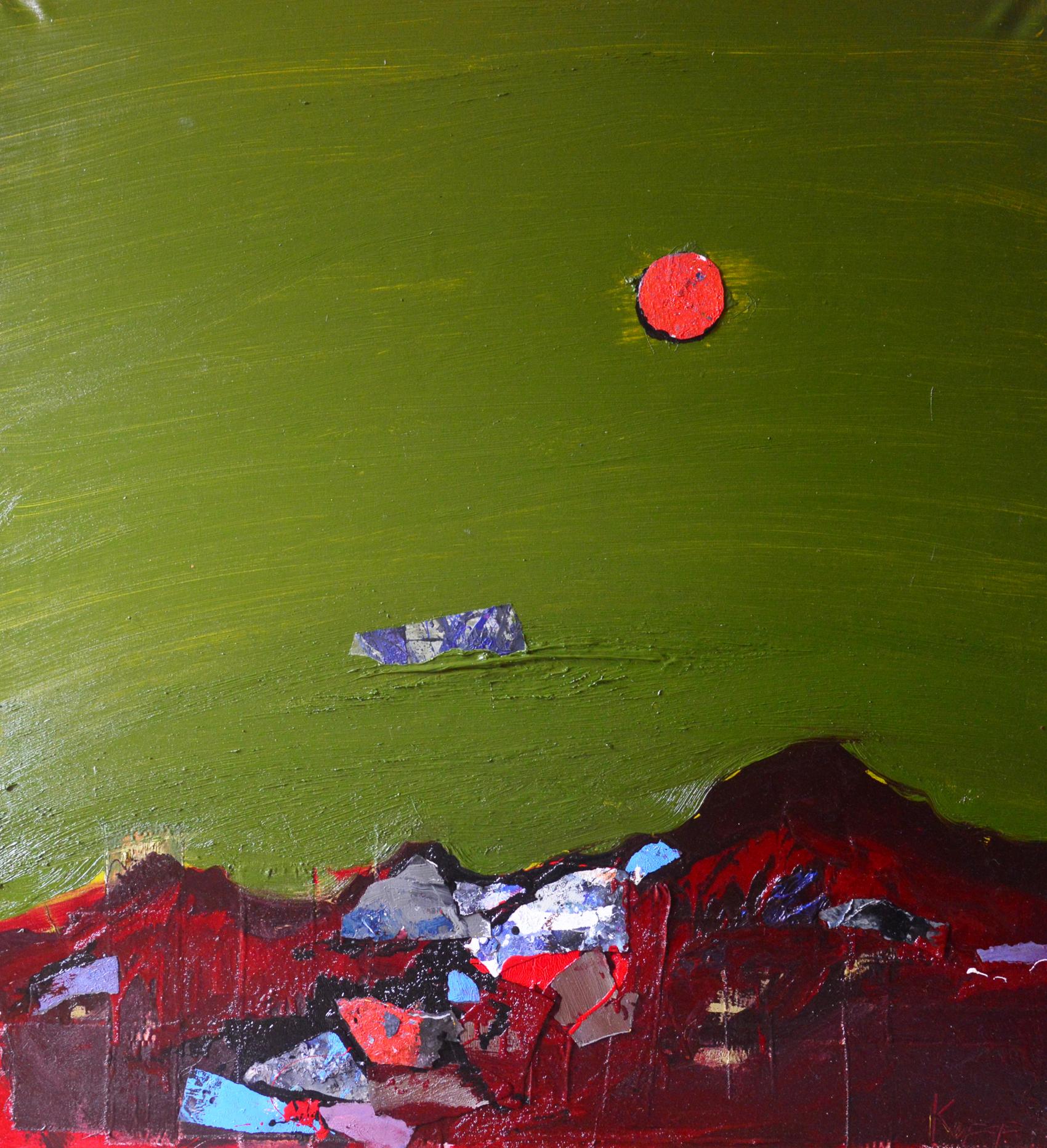 Oil painting Red Evening Mountains by Natalia Korf-Ivaniuk with green sky