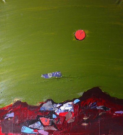 Oil painting Red Evening Mountains by Natalia Korf-Ivaniuk with green sky