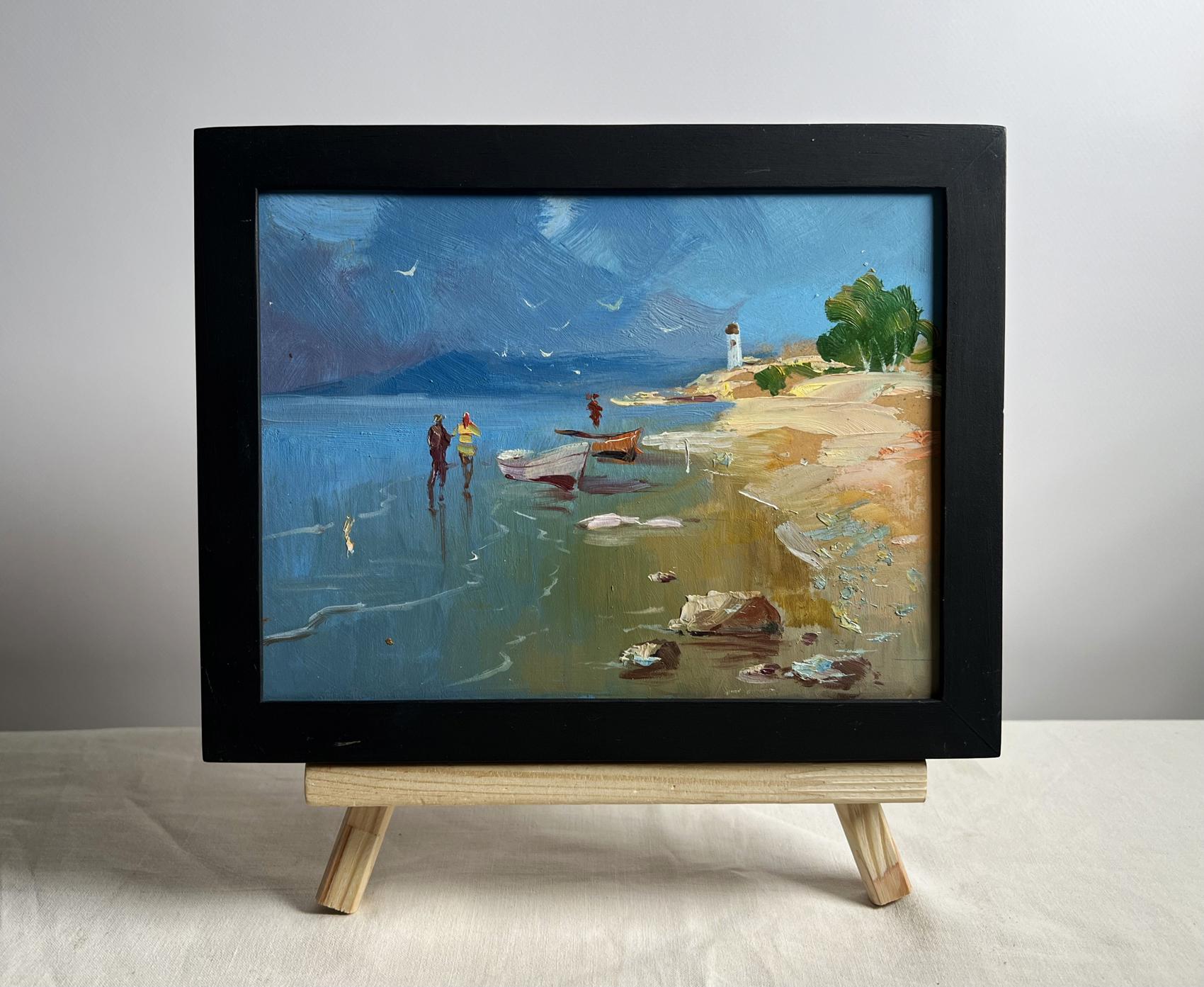 Oil painting Warm days at sea by Yuriy Suprunchuk, coastal scene with boats