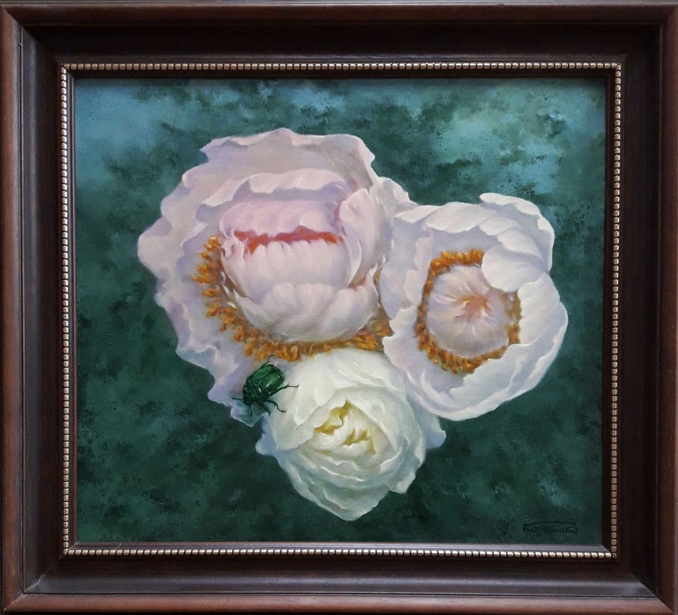 Framed oil painting of white peonies by Vasily Korkishko on teal background