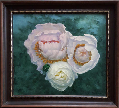 Framed oil painting of white peonies by Vasily Korkishko on teal background