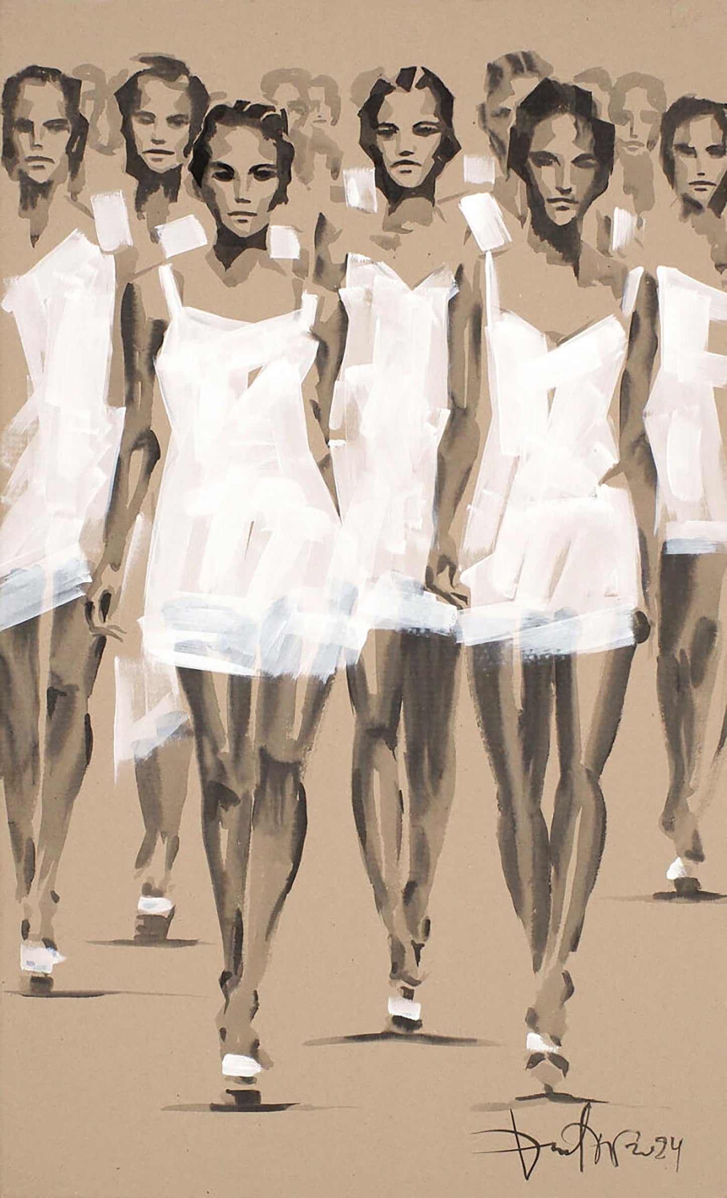 Stylized acrylic painting by Dima Filatov: models in sheer white dresses