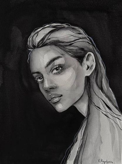 Detailed black-and-white watercolor portrait by Victoria Kagalovska