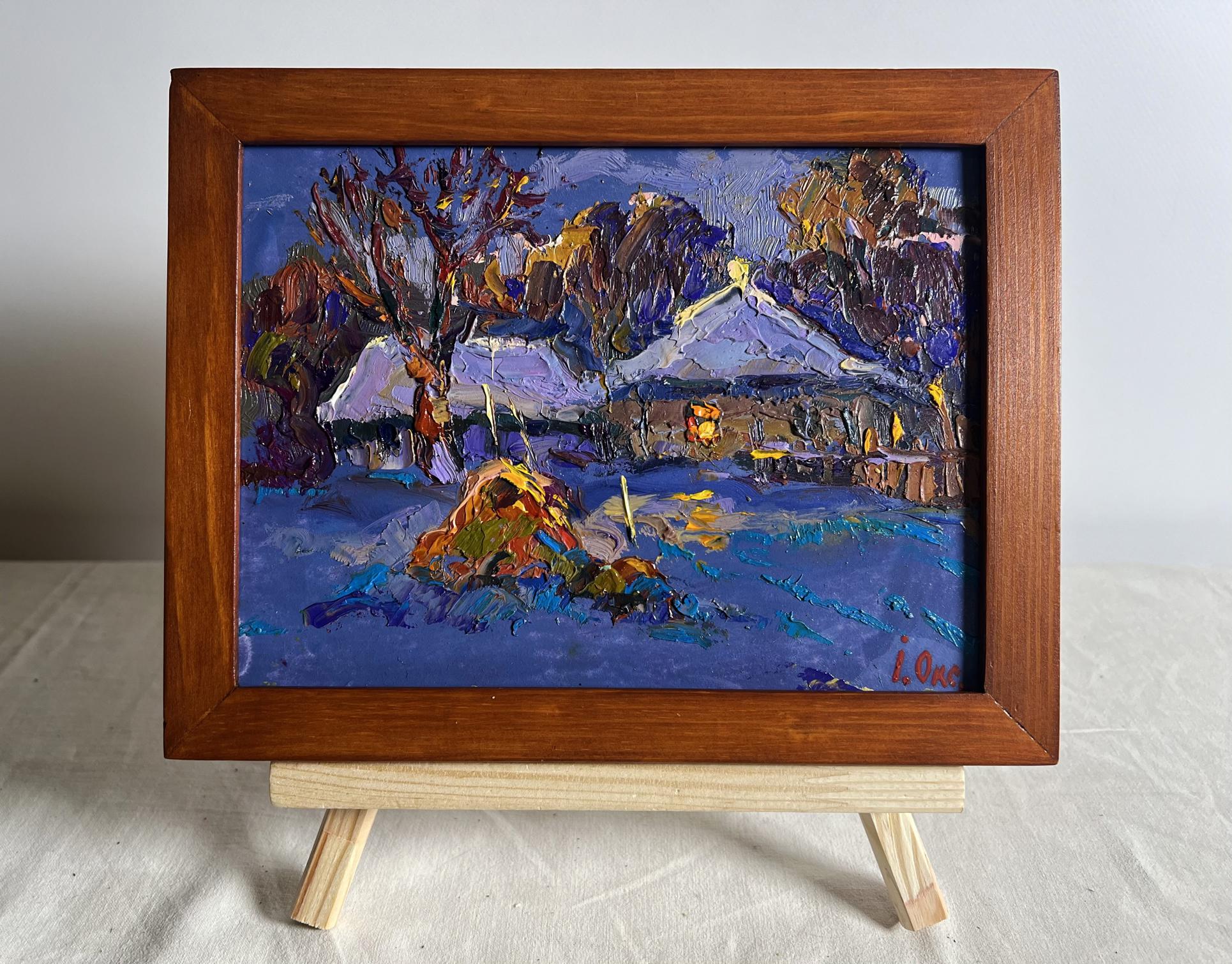 Oil painting Frosty winter evening by Oksana Ivanyuk snowy village scene