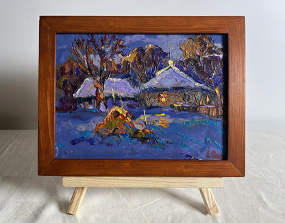 Oil painting Frosty winter evening by Oksana Ivanyuk snowy village scene