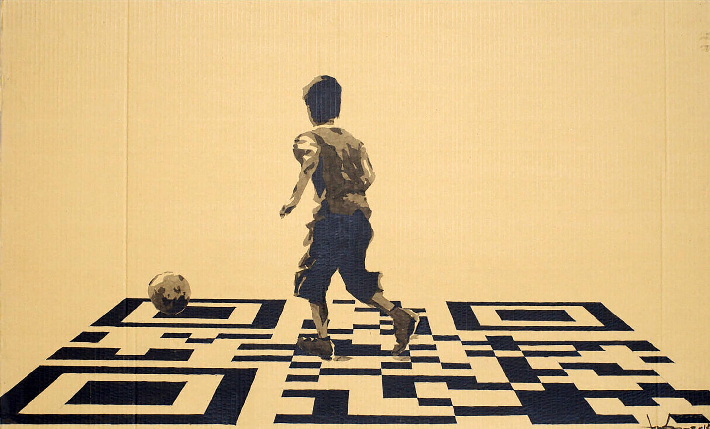 Stylized ink mural of boy on QR code by Dima Filatov with soccer ball