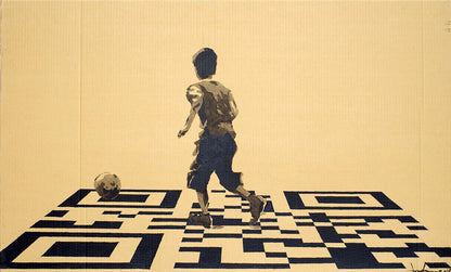 Stylized ink mural of boy on QR code by Dima Filatov with soccer ball