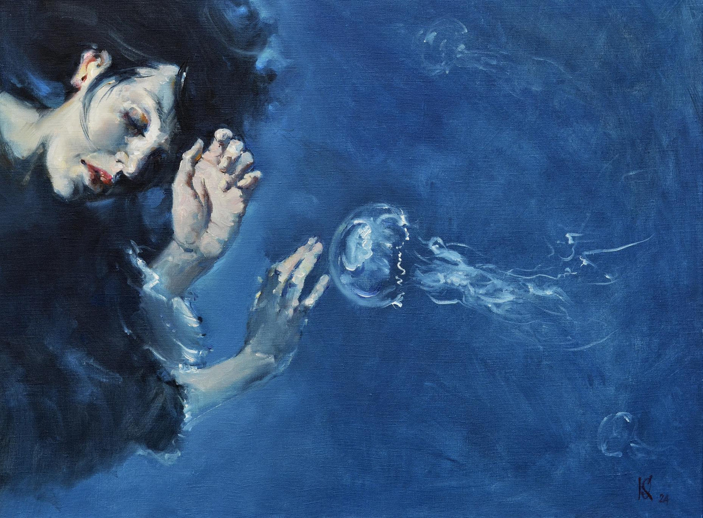 Oil painting Underwater touch by Oleg Kateryniuk: woman reaching for jellyfish