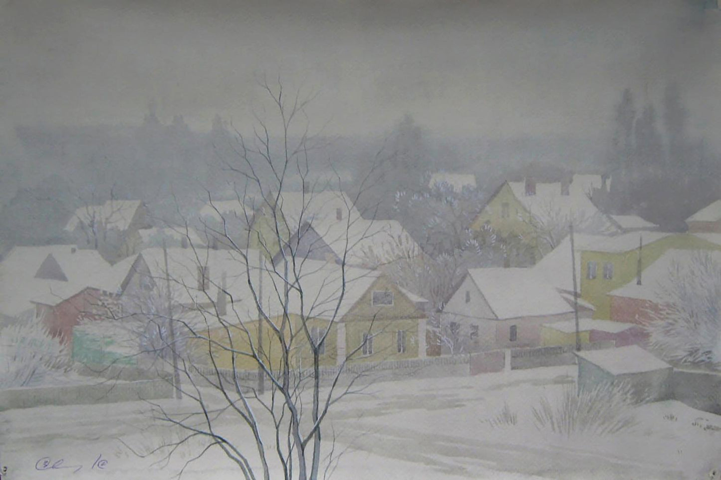 Watercolor snowy morning city village by Valery Savenets