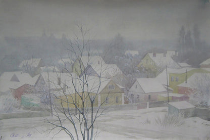 Watercolor snowy morning city village by Valery Savenets