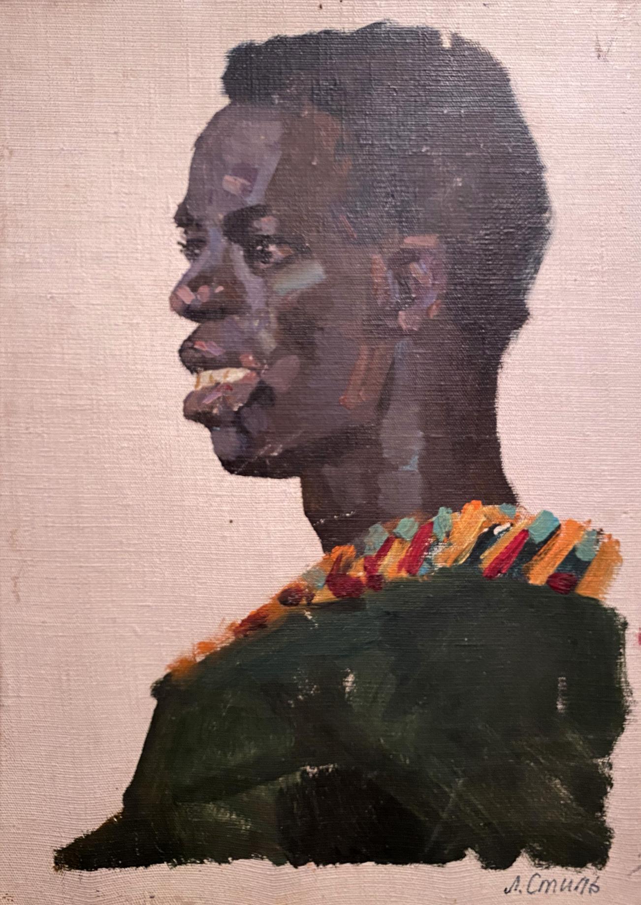 Oil painting portrait of man Leonid Stil, black man in profile with beaded collar