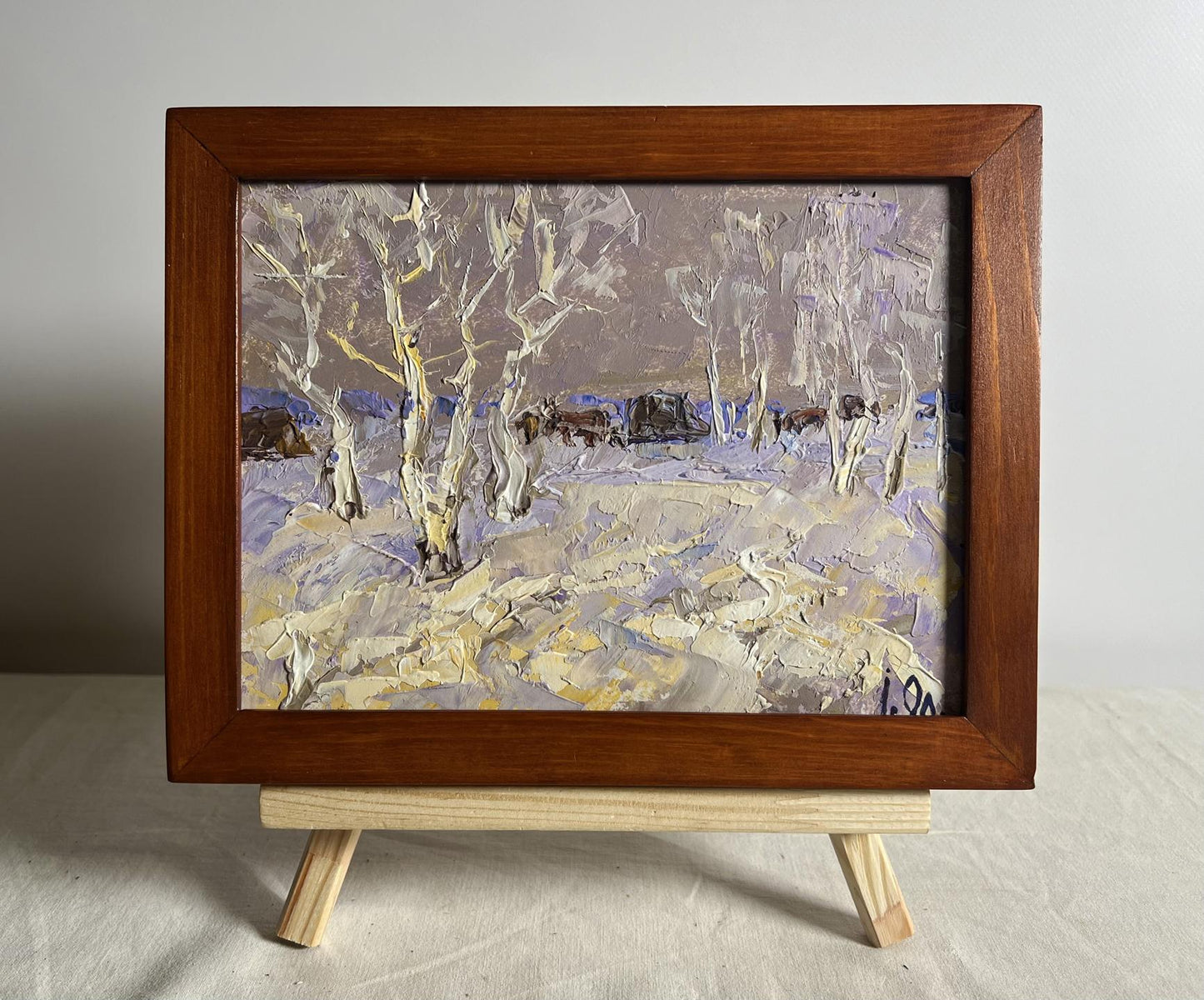 Oil painting The end of winter is coming soon by Oleksiy Ivanyuk in brown frame
