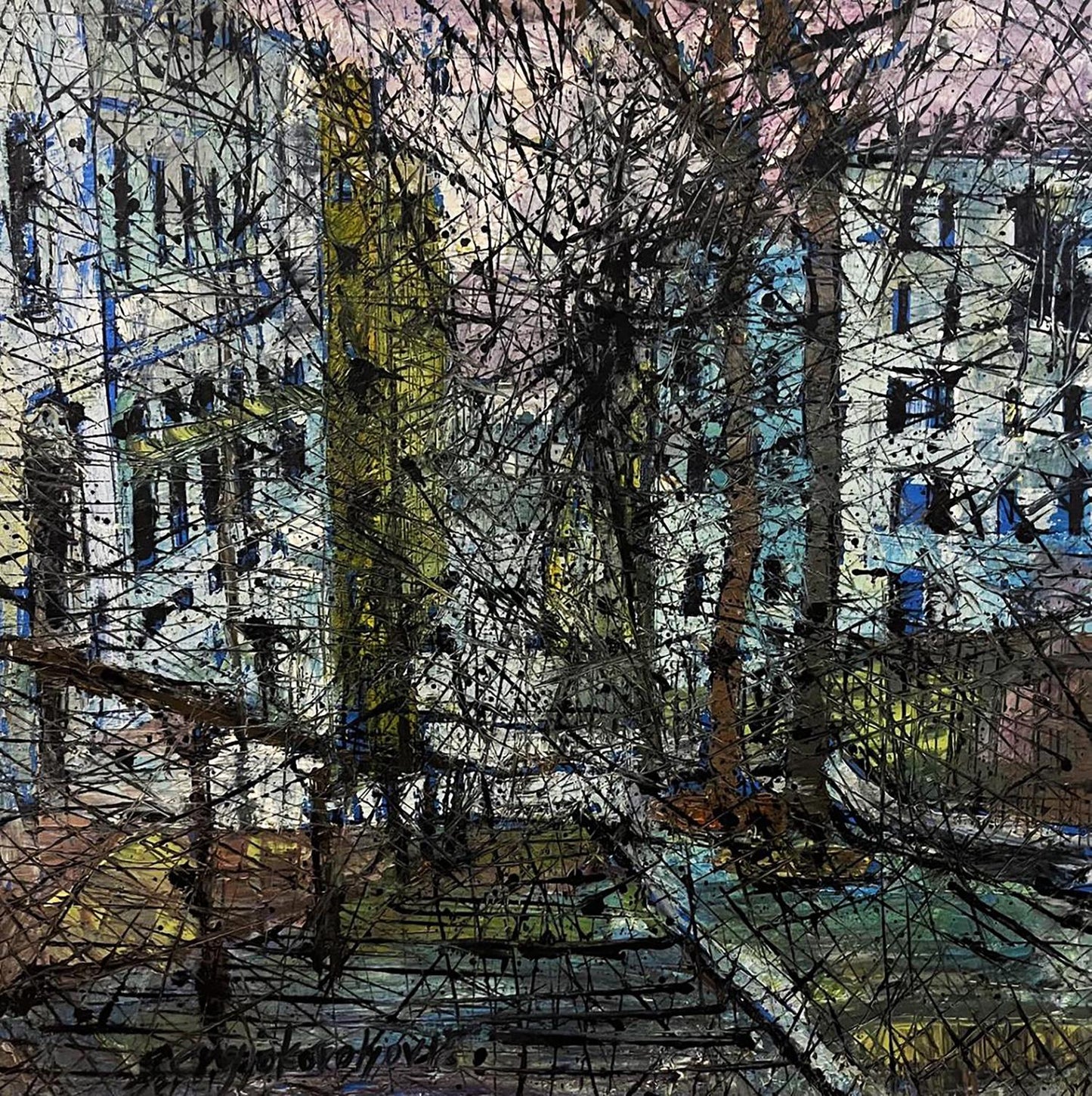 Oil painting Descending from the stairs by Serhiy Kovalev, abstract black strokes on cityscape