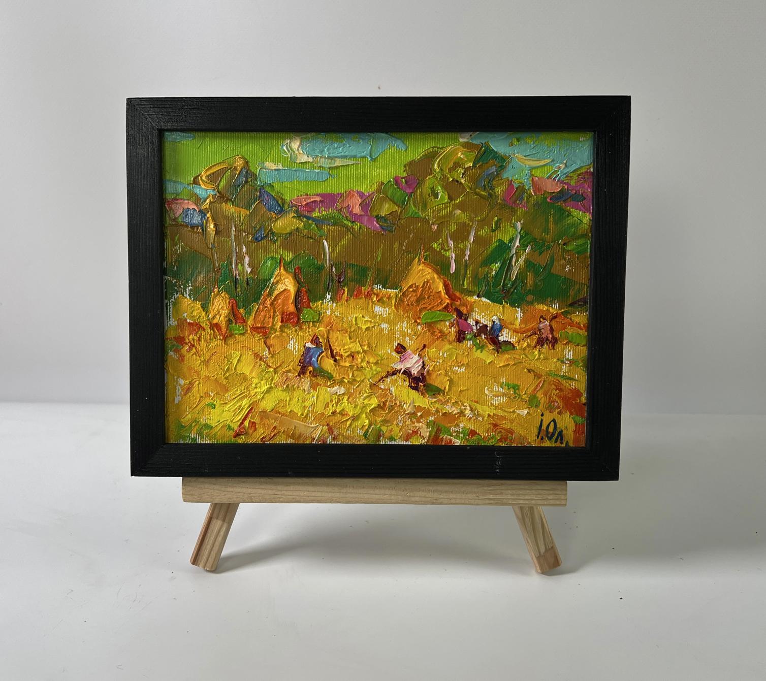 Oil painting Working in the field by Oleksiy Ivanyuk in black frame