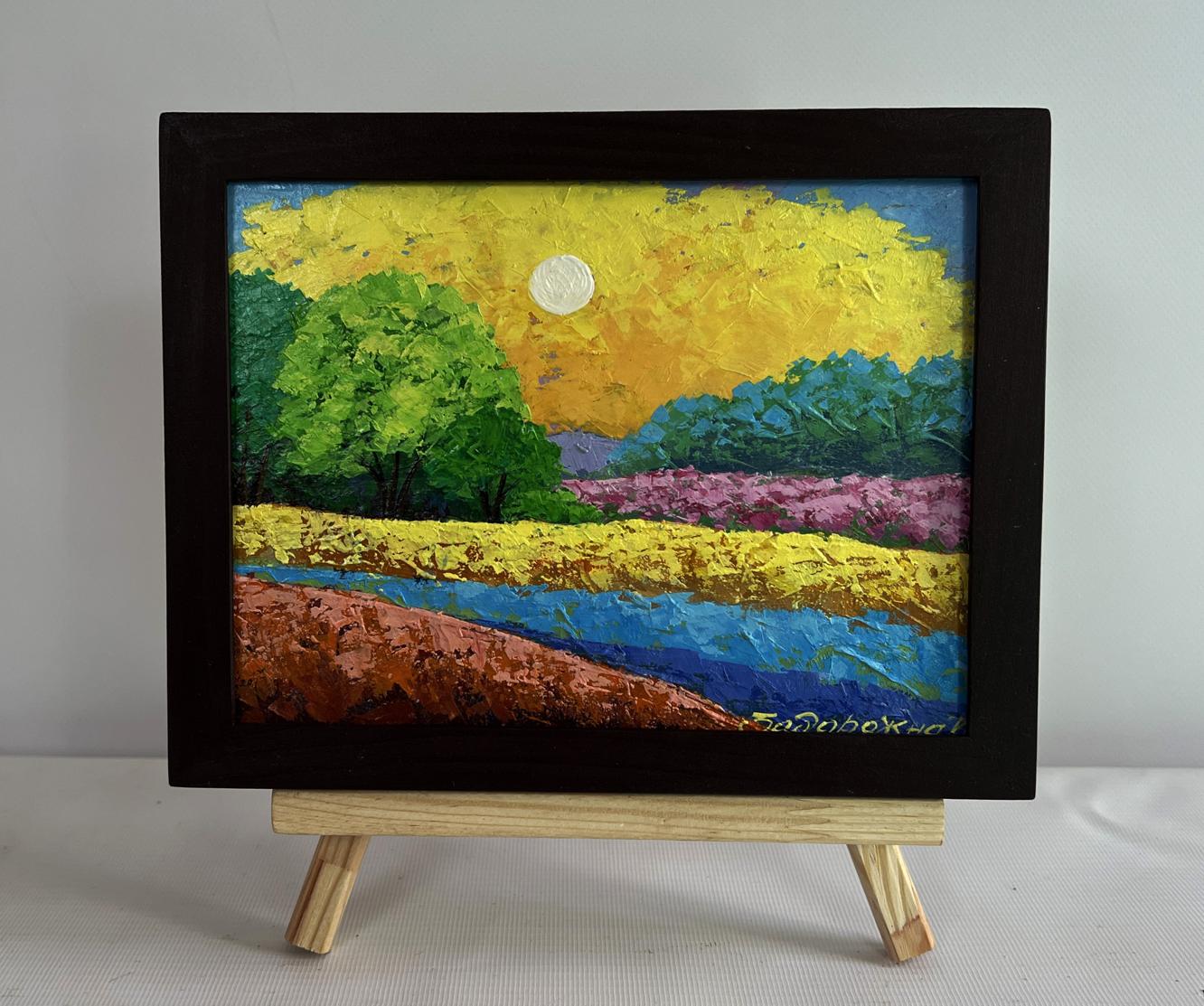 Oil painting Warm summer evening in the field by V. Zadorozhnya, vibrant landscape