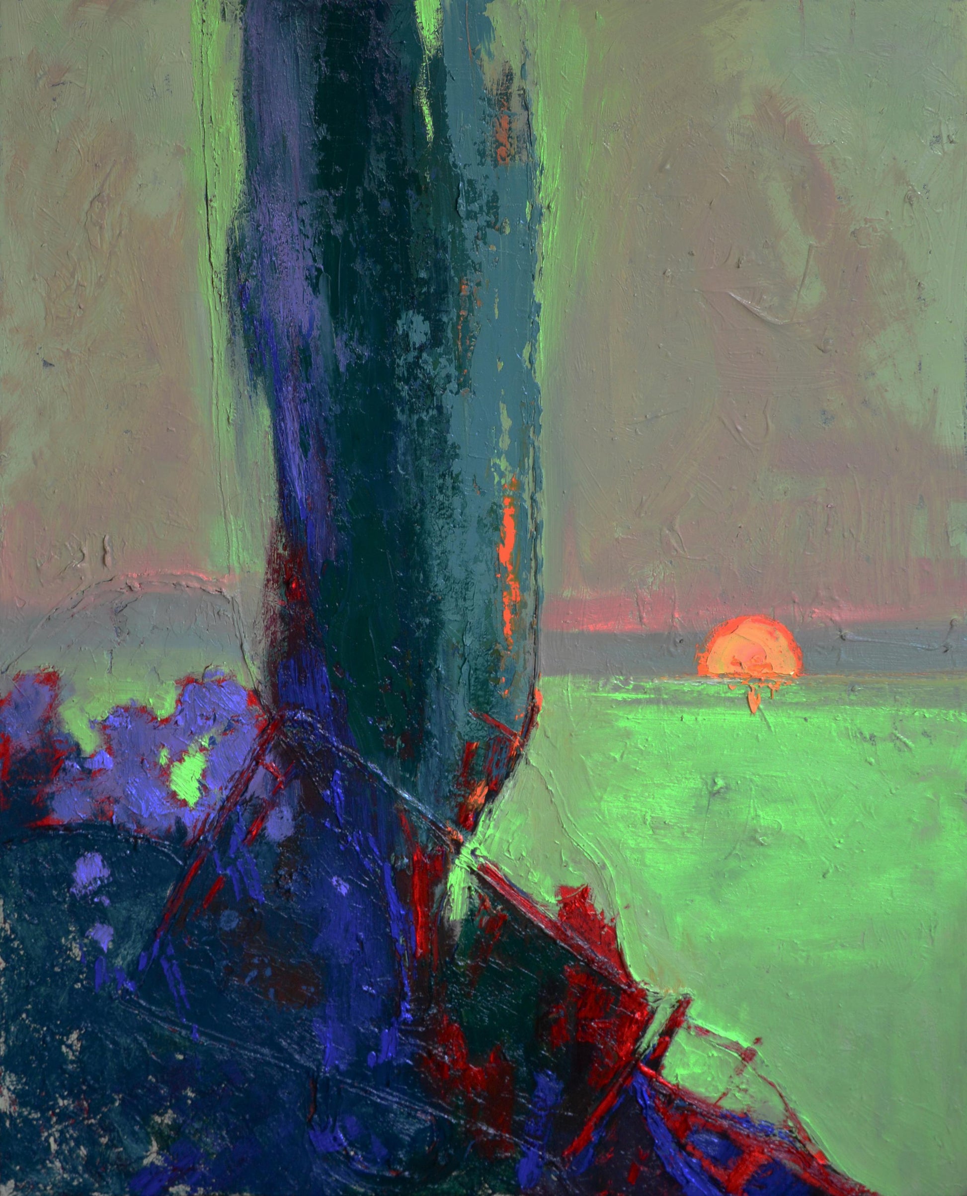 Oil painting Evening at the Sea by Natalia Korf-Ivaniuk, textured tree at sunset
