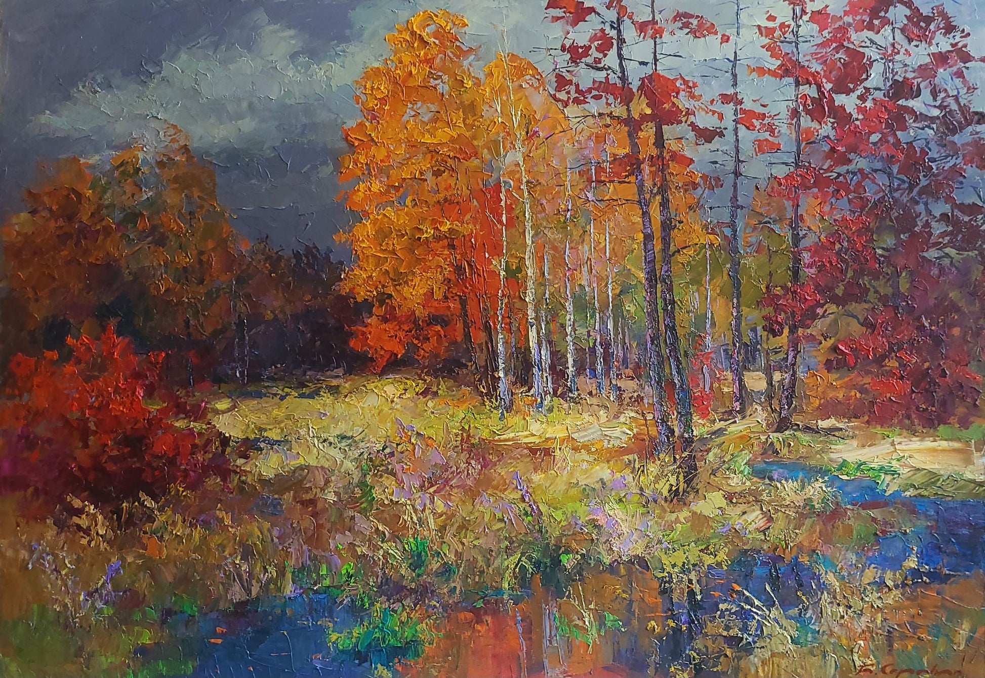 Oil painting Autumn forest by Boris Serdyuk, vibrant impasto trees