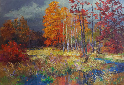 Oil painting Autumn forest by Boris Serdyuk, vibrant impasto trees