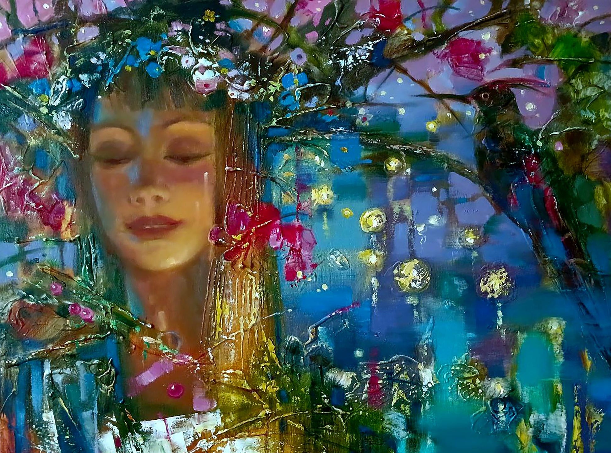 Vibrant impressionistic oil painting Kupala night by Anatoly Tarabanov serene woman floral crown