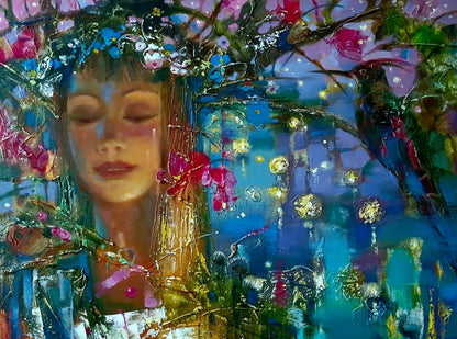 Vibrant impressionistic oil painting Kupala night by Anatoly Tarabanov serene woman floral crown