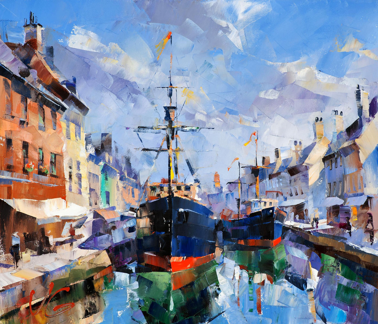 Vibrant impressionistic oil painting of Port of Gandia harbor by Volodymyr Gluhomanyuk