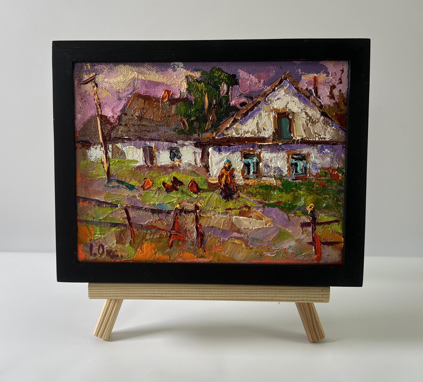 Oil painting Pink sunset over village by Oksana Ivanyuk